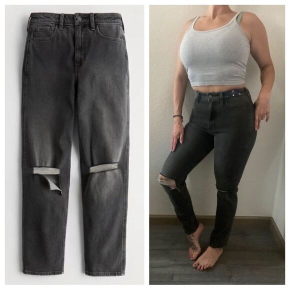 Hollister Ultimate High Rise Mom Jean Black 25 Stretch Ripped - Picture 7 of 16